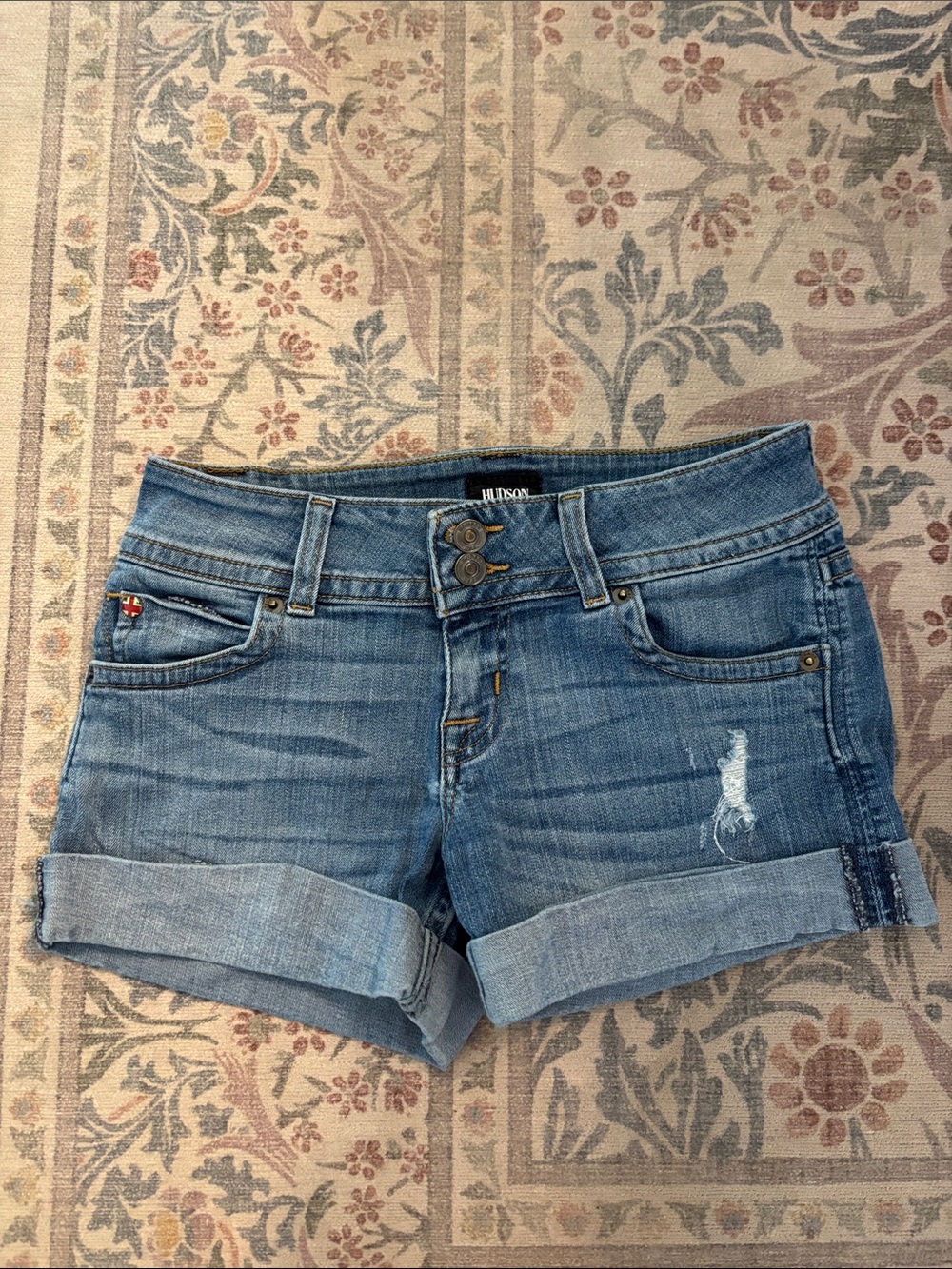 Hudson Jeans Low-Rise Light Blue Distressed Cuffed Denim Shorts